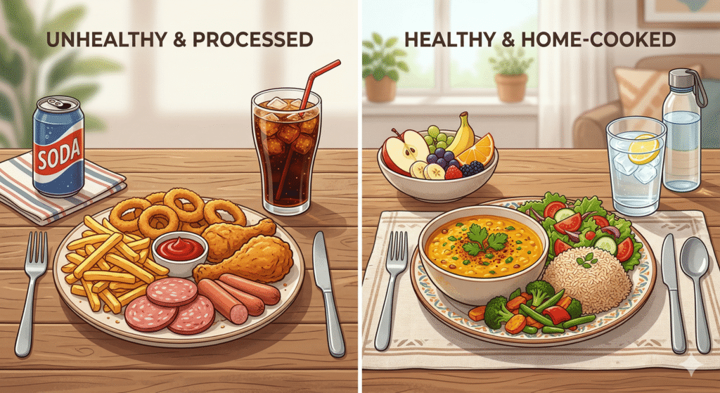 Healthy food vs junk food comparison showing diet choices to reduce cancer risk