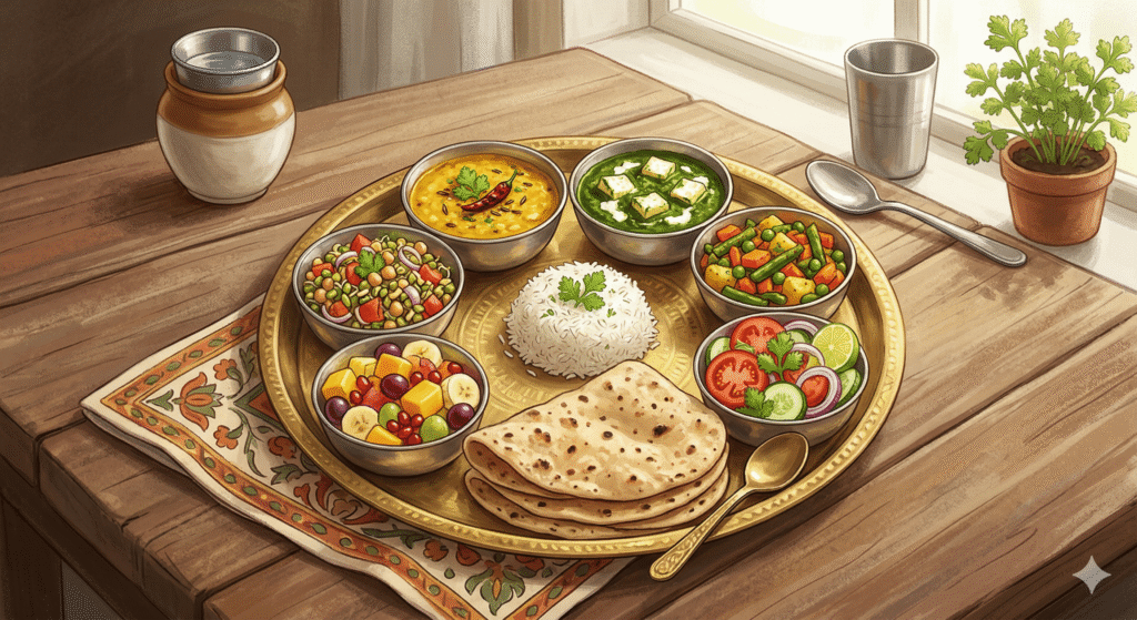 Healthy Indian diet plate with vegetables, fruits, whole grains and lentils for lifestyle changes to reduce cancer risk